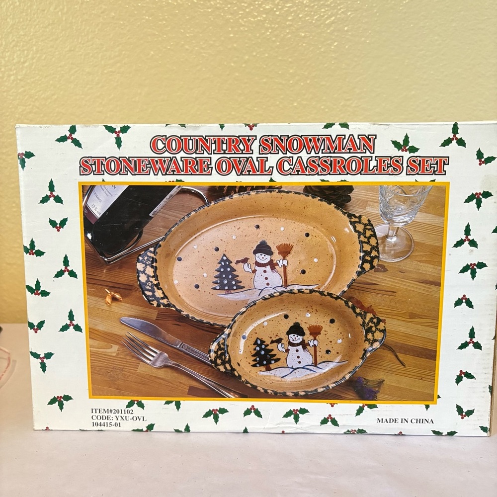 Country Snowman Stoneware Oval Casserole Set Of Two Christmas Winter NIB